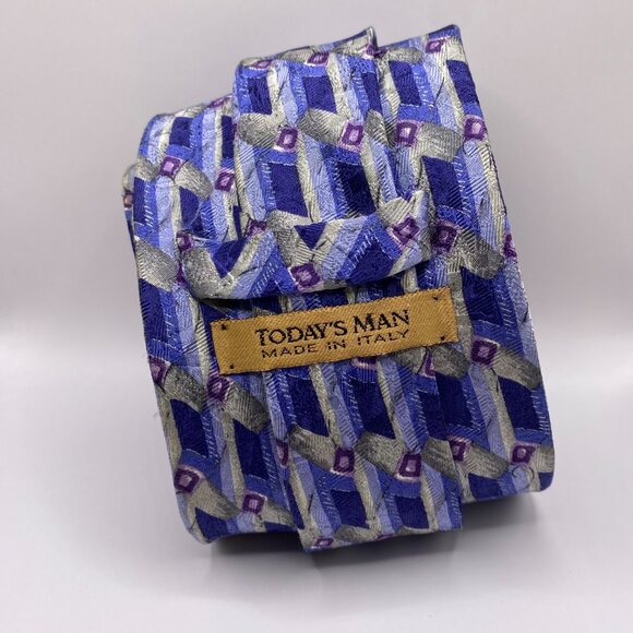 Vintage Today's Man Blue Silver & Purple 100% Silk Tie 60"x4" Made in Italy #367 - Picture 5 of 6